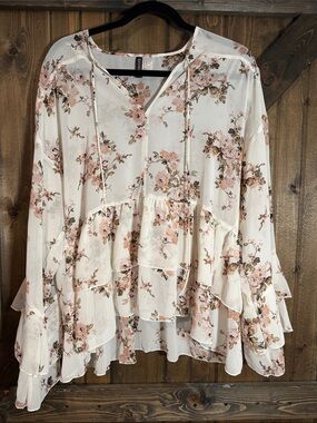 Divided Cream Floral Ruffle Tunic with Pink Blossoms (sheer)